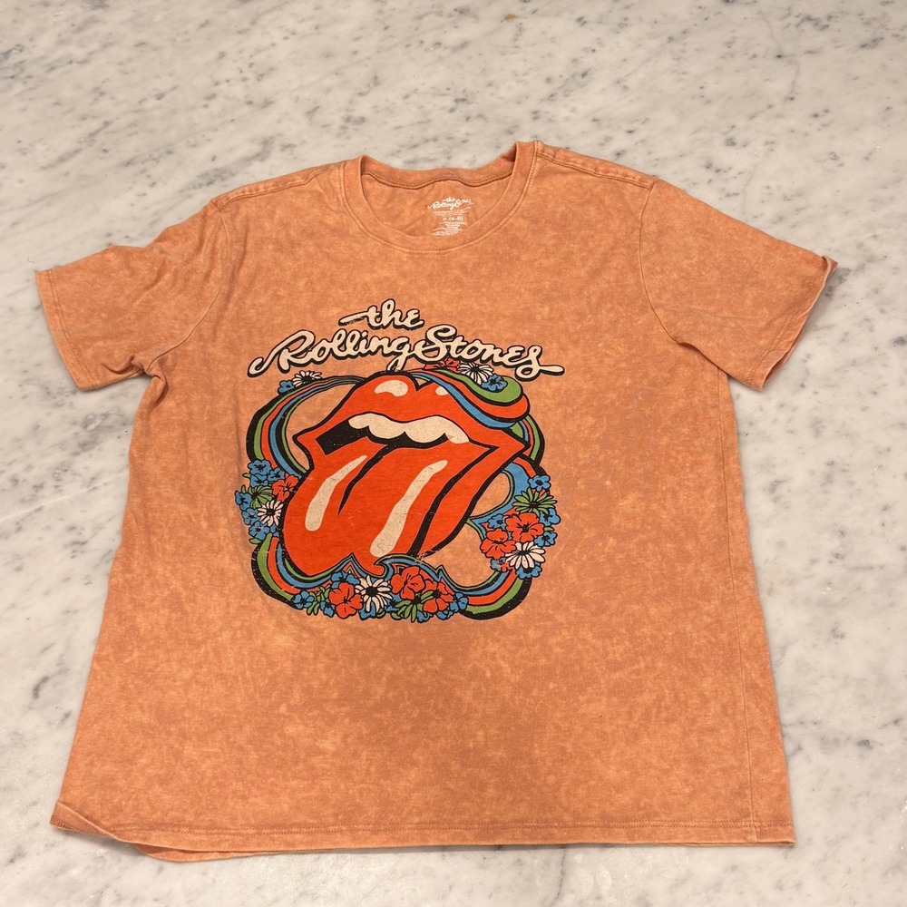 The Rolling Stones Womens Graphic T-Shirt Orange Acid Wash Floral Tongue Small